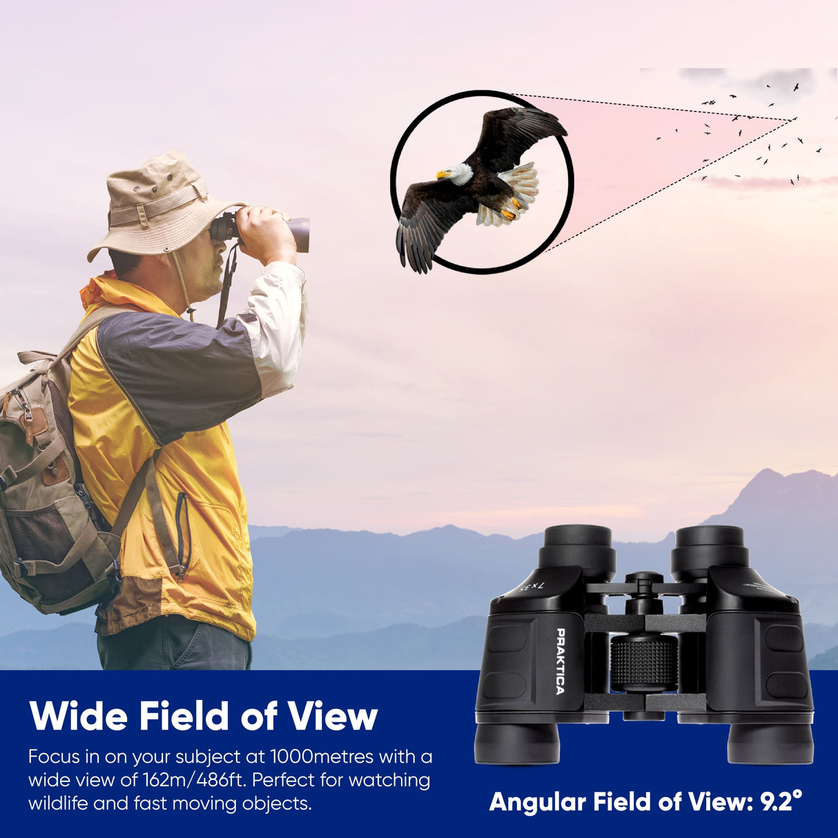 Person using Praktica Falcon 7x35mm Wide Angle Porro Prism Field Binoculars to observe an eagle with product details on a scenic background