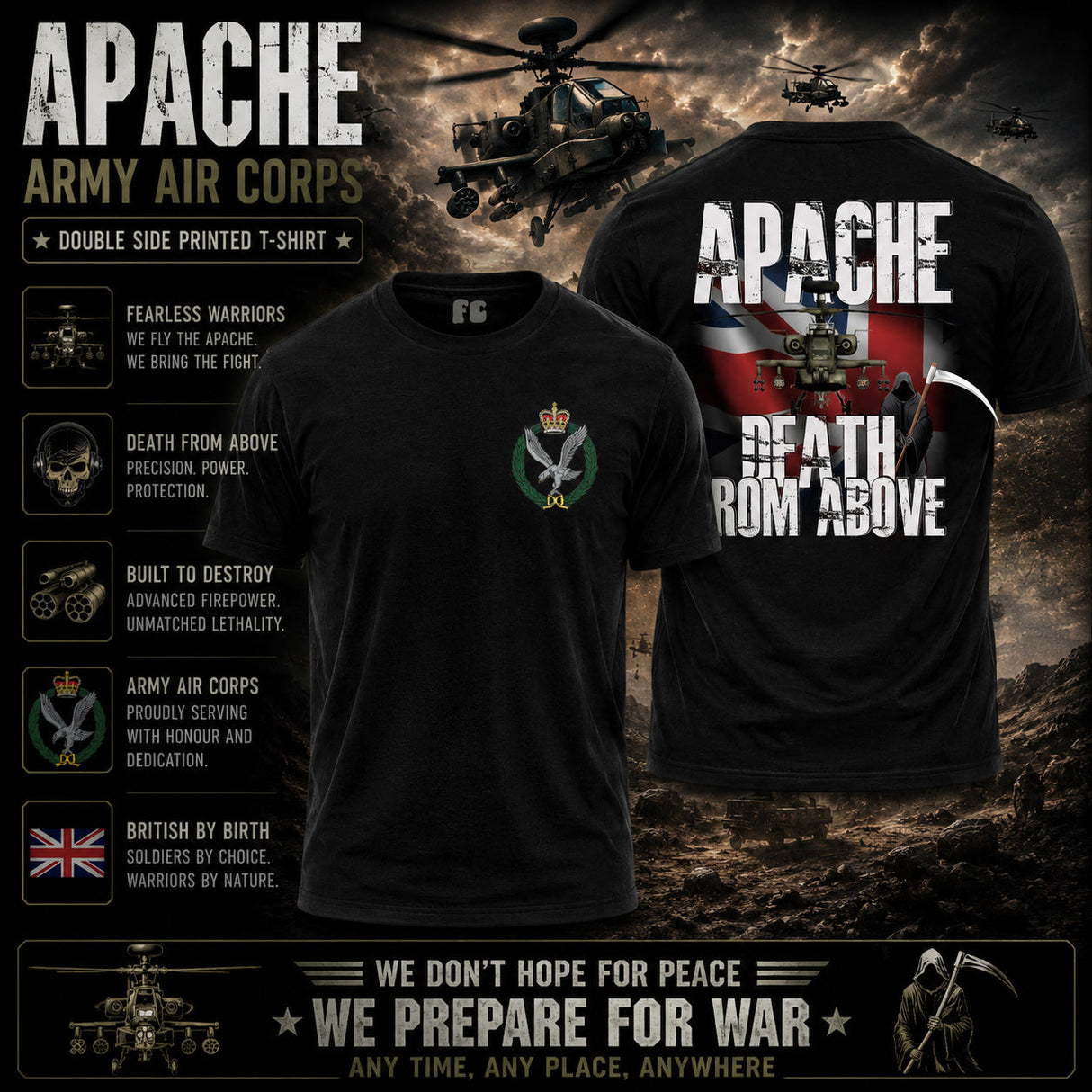 Army Air Corps Apache Double Side Printed T-Shirt - Design