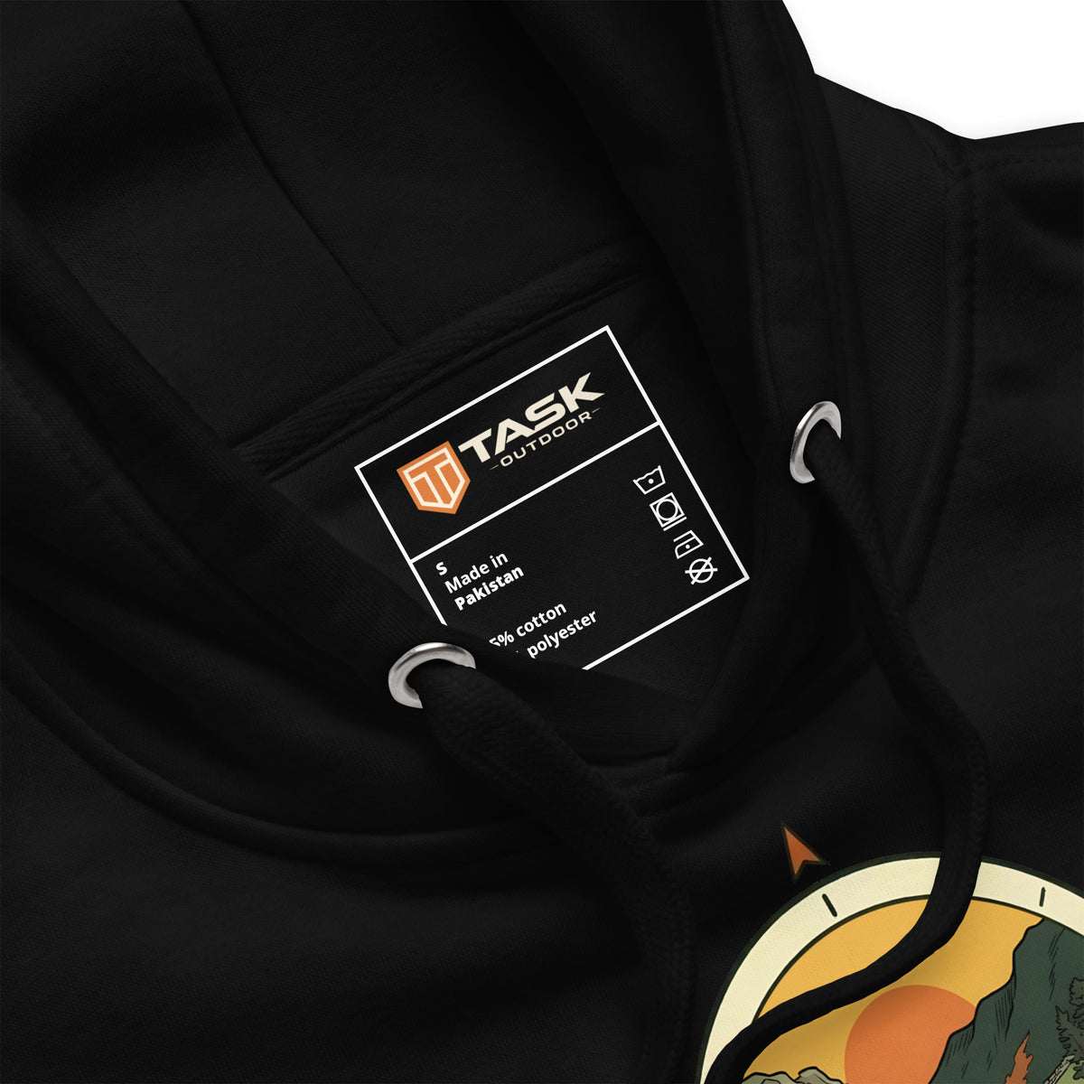 Task Outdoor neck label inside the hood of the Adventure Before Dementia Camping Hoodie in Black, with metal eyelets and drawstrings