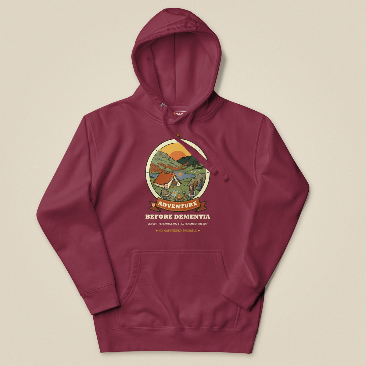 Adventure Before Dementia Camping Hoodie in Maroon, laid flat, front view