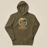 Adventure Before Dementia Camping Hoodie in Military Green, laid flat, front view