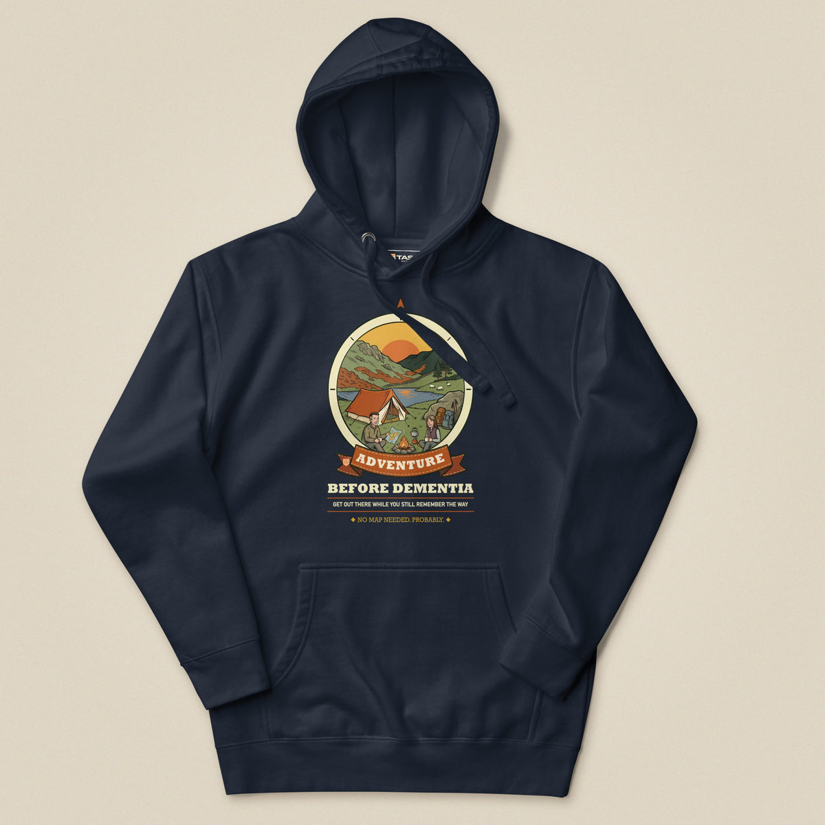 Adventure Before Dementia Camping Hoodie in Navy Blazer, laid flat, front view