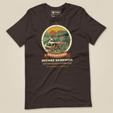 Adventure Before Dementia Campervan T-Shirt in Brown, laid flat, front view