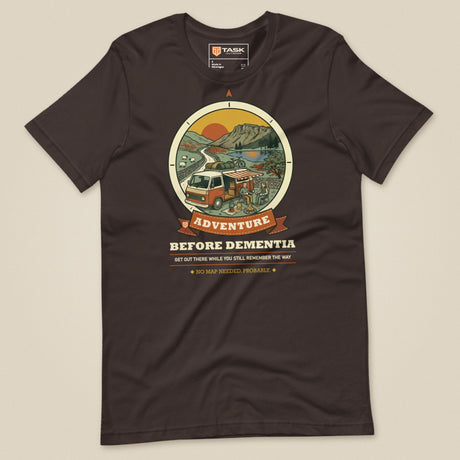 Adventure Before Dementia Campervan T-Shirt in Brown, laid flat, front view