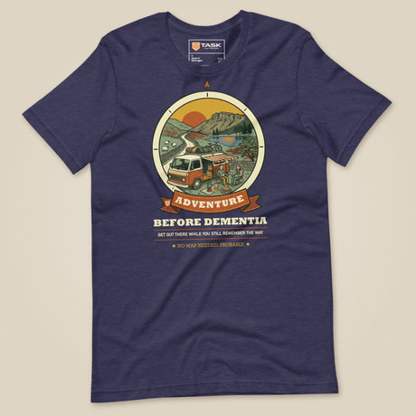 Adventure Before Dementia Campervan T-Shirt in Heather Midnight Navy, laid flat, front view
