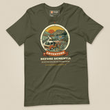 Adventure Before Dementia Campervan T-Shirt in Military Green, laid flat, front view