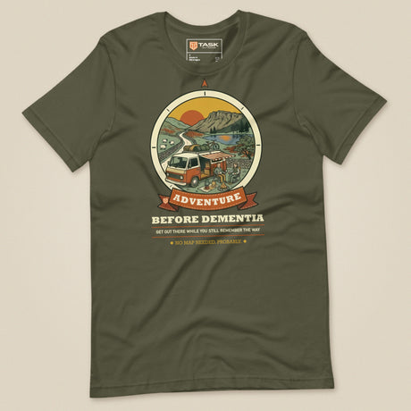 Adventure Before Dementia Campervan T-Shirt in Military Green, laid flat, front view