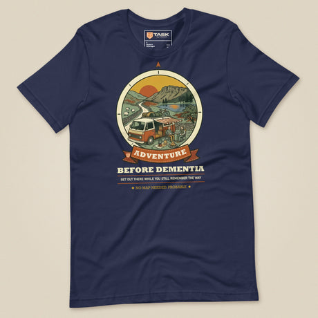 Adventure Before Dementia Campervan T-Shirt in Navy, laid flat, front view