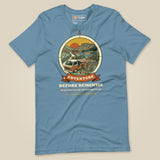 Adventure Before Dementia Campervan T-Shirt in Steel Blue, laid flat, front view