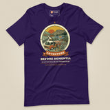 Adventure Before Dementia Campervan T-Shirt in Team Purple, laid flat, front view