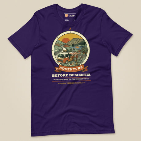 Adventure Before Dementia Campervan T-Shirt in Team Purple, laid flat, front view