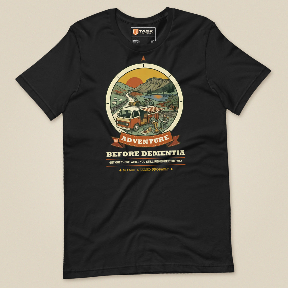 Adventure Before Dementia Campervan T-Shirt in Vintage Black, laid flat, front view