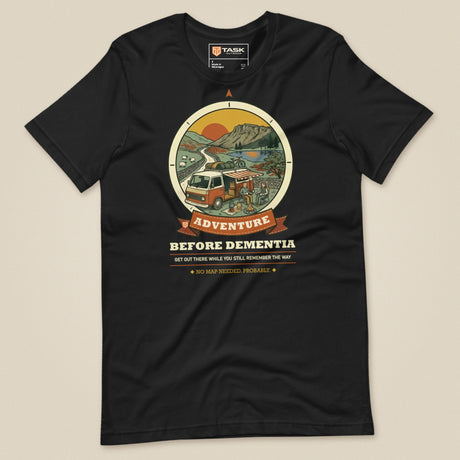Adventure Before Dementia Campervan T-Shirt in Vintage Black, laid flat, front view