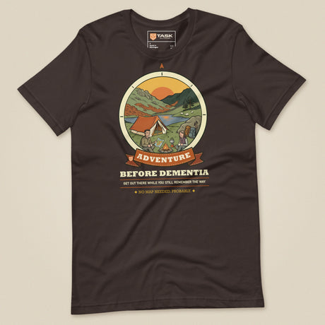 Adventure Before Dementia Camping T-Shirt in Brown, laid flat, front view