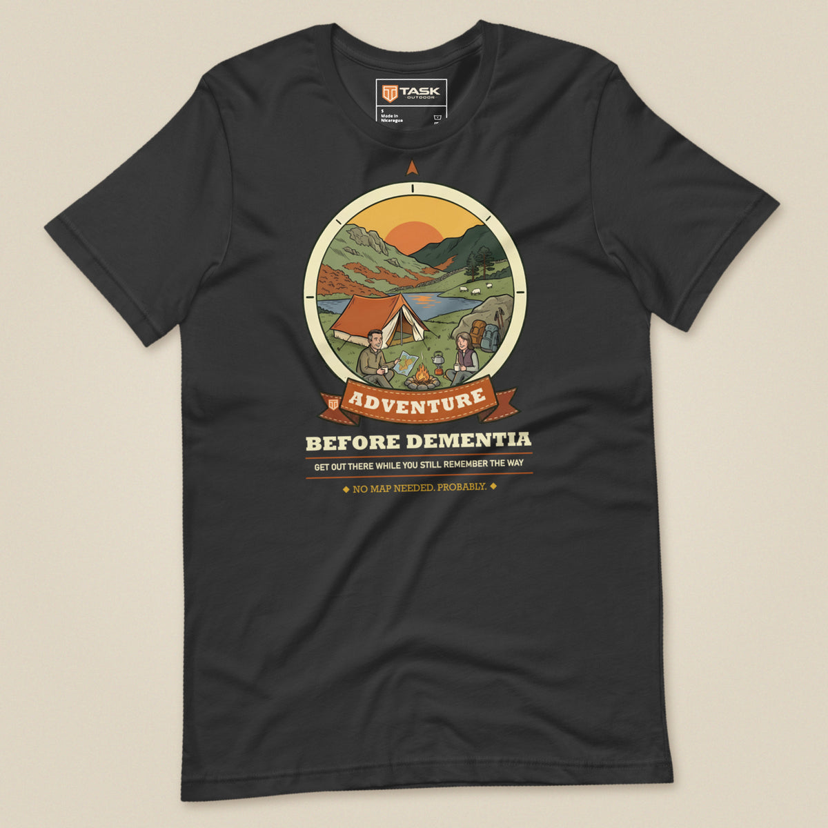 Adventure Before Dementia Camping T-Shirt in Dark Grey, laid flat, front view