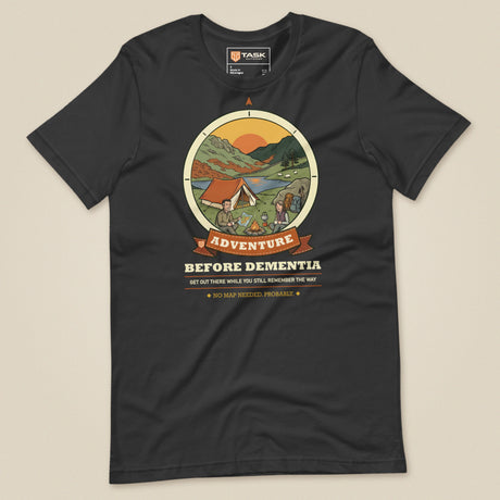 Adventure Before Dementia Camping T-Shirt in Dark Grey, laid flat, front view