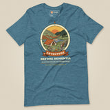 Adventure Before Dementia Camping T-Shirt in Heather Deep Teal, laid flat, front view