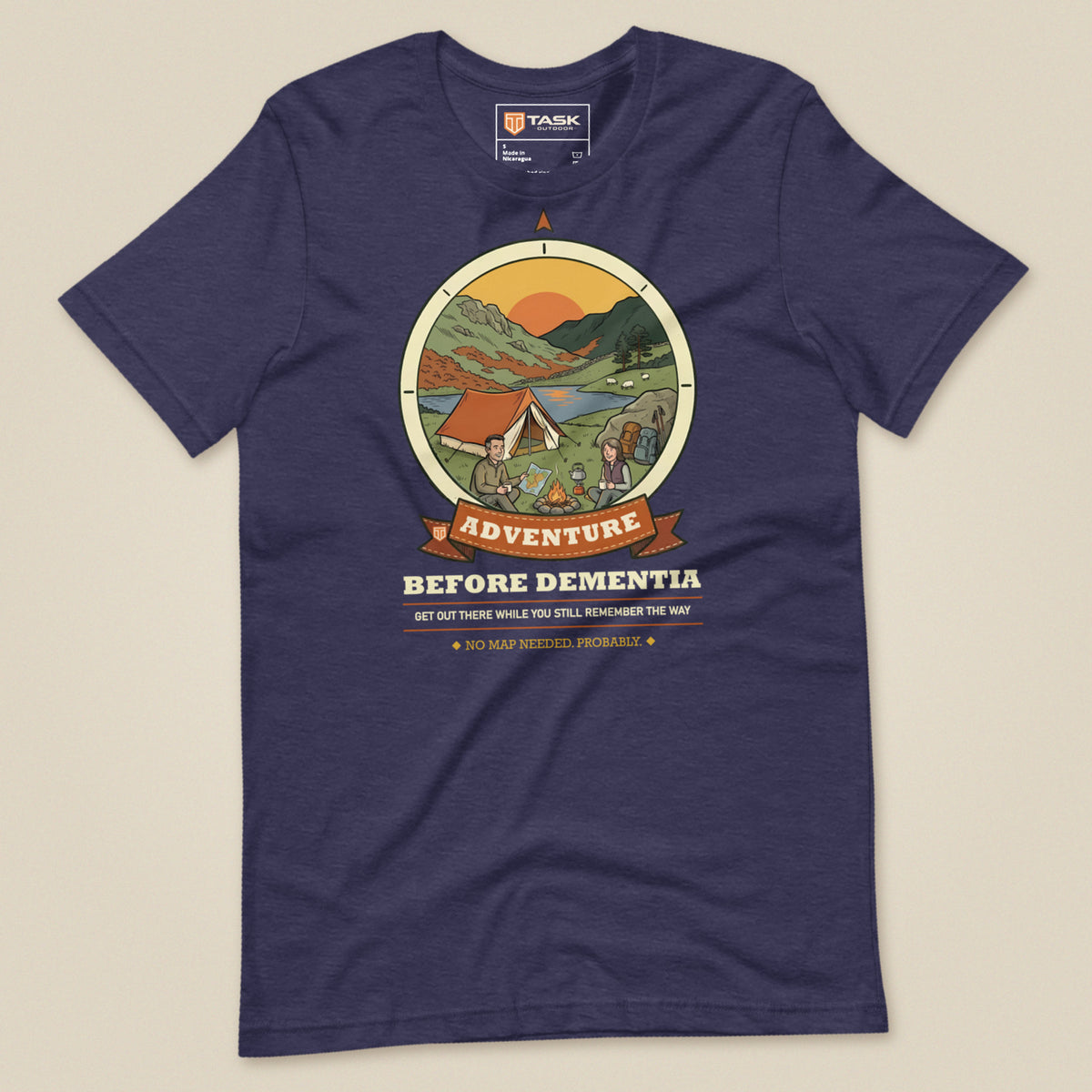 Adventure Before Dementia Camping T-Shirt in Heather Midnight Navy, laid flat, front view