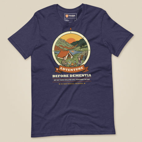 Adventure Before Dementia Camping T-Shirt in Heather Midnight Navy, laid flat, front view