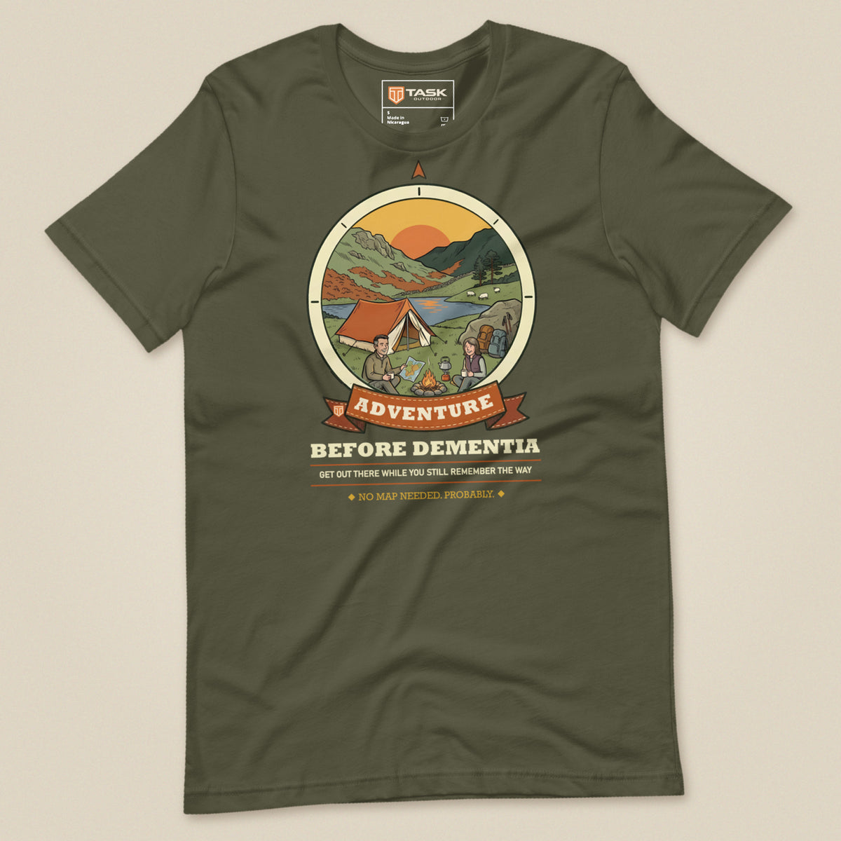 Adventure Before Dementia Camping T-Shirt in Military Green, laid flat, front view