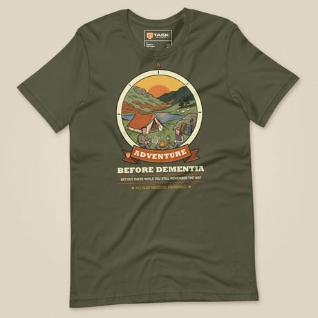 Adventure Before Dementia Camping T-Shirt in Military Green, laid flat, front view