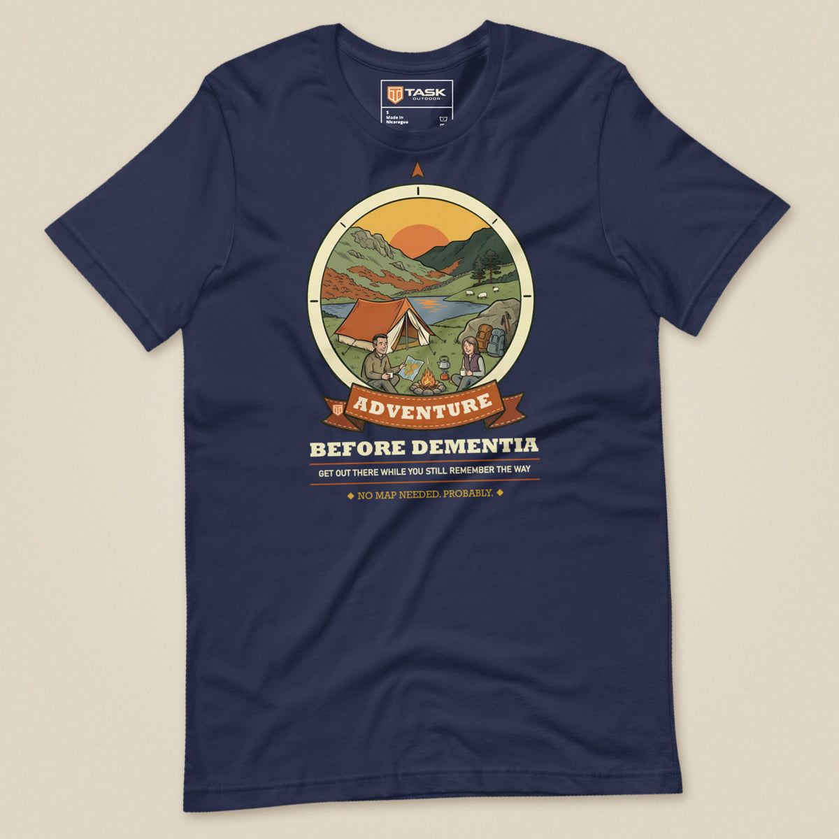Adventure Before Dementia Camping T-Shirt in Navy, laid flat, front view