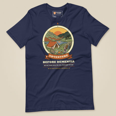 Adventure Before Dementia Camping T-Shirt in Navy, laid flat, front view
