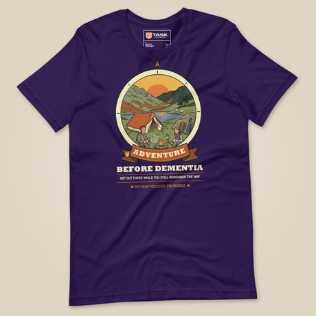 Adventure Before Dementia Camping T-Shirt in Team Purple, laid flat, front view