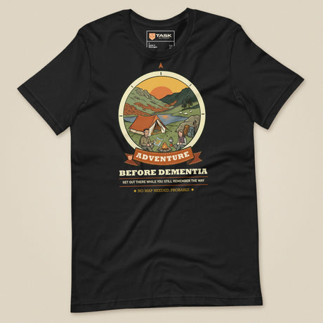 Adventure Before Dementia Camping T-Shirt in Vintage Black, laid flat, front view