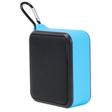 Maplin clip-on Bluetooth speaker in blue and black with its carabiner