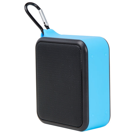 Maplin clip-on Bluetooth speaker in blue and black with its carabiner