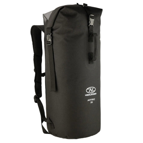 Highlander Affric Dry Bag Rucksack 35L in black from the front left