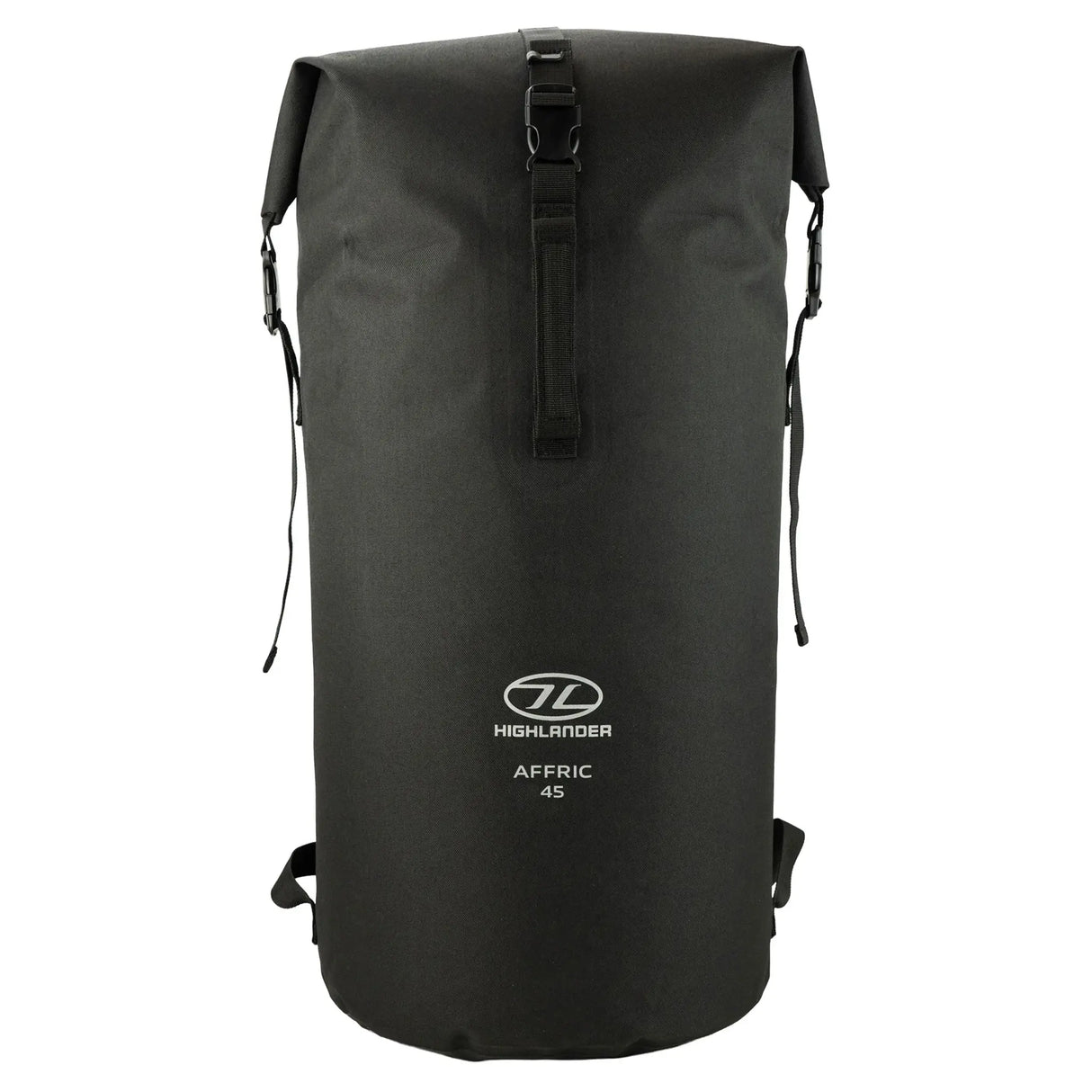 Highlander Affric Waterproof backpack 45L in black from the front on white background
