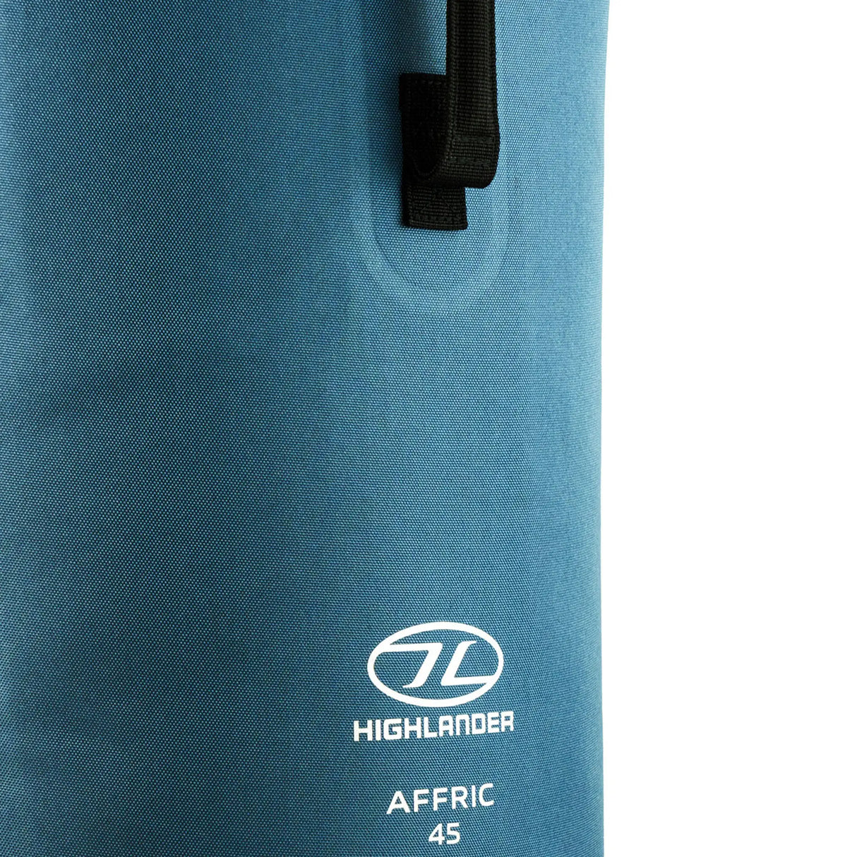 Highlander Affric Waterproof Rucksack 45L in blue close up of handle on white background