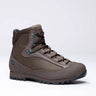 AKU Pilgrim GTX Combat FG M boot in brown, front three quarter view showing the lacing hooks and leather rand
