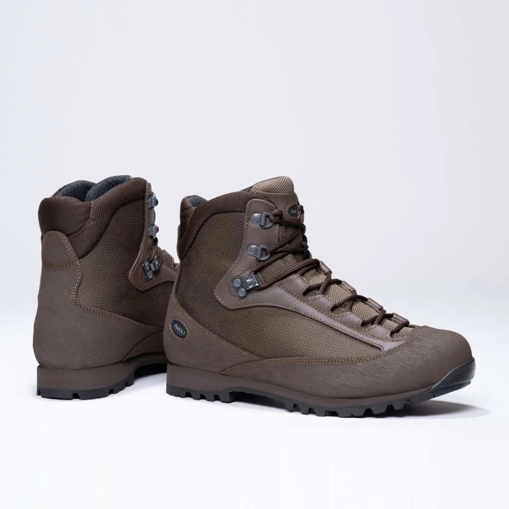 Pair of AKU Pilgrim GTX Combat FG M boots in brown, three quarter view