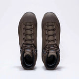 Pair of AKU Pilgrim GTX Combat FG M boots in brown from above, showing the lacing