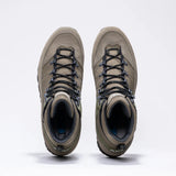 Pair of AKU Trekker Lite III Wide GTX boots in brown/green from above, showing the lacing