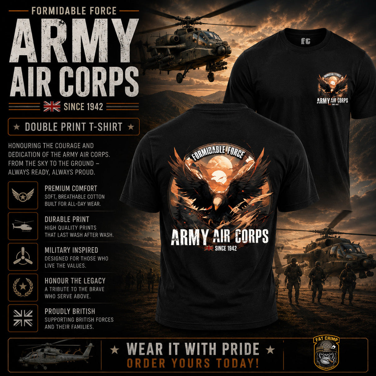 Army Air Corps Formidable Force Double Print T-Shirt - Design