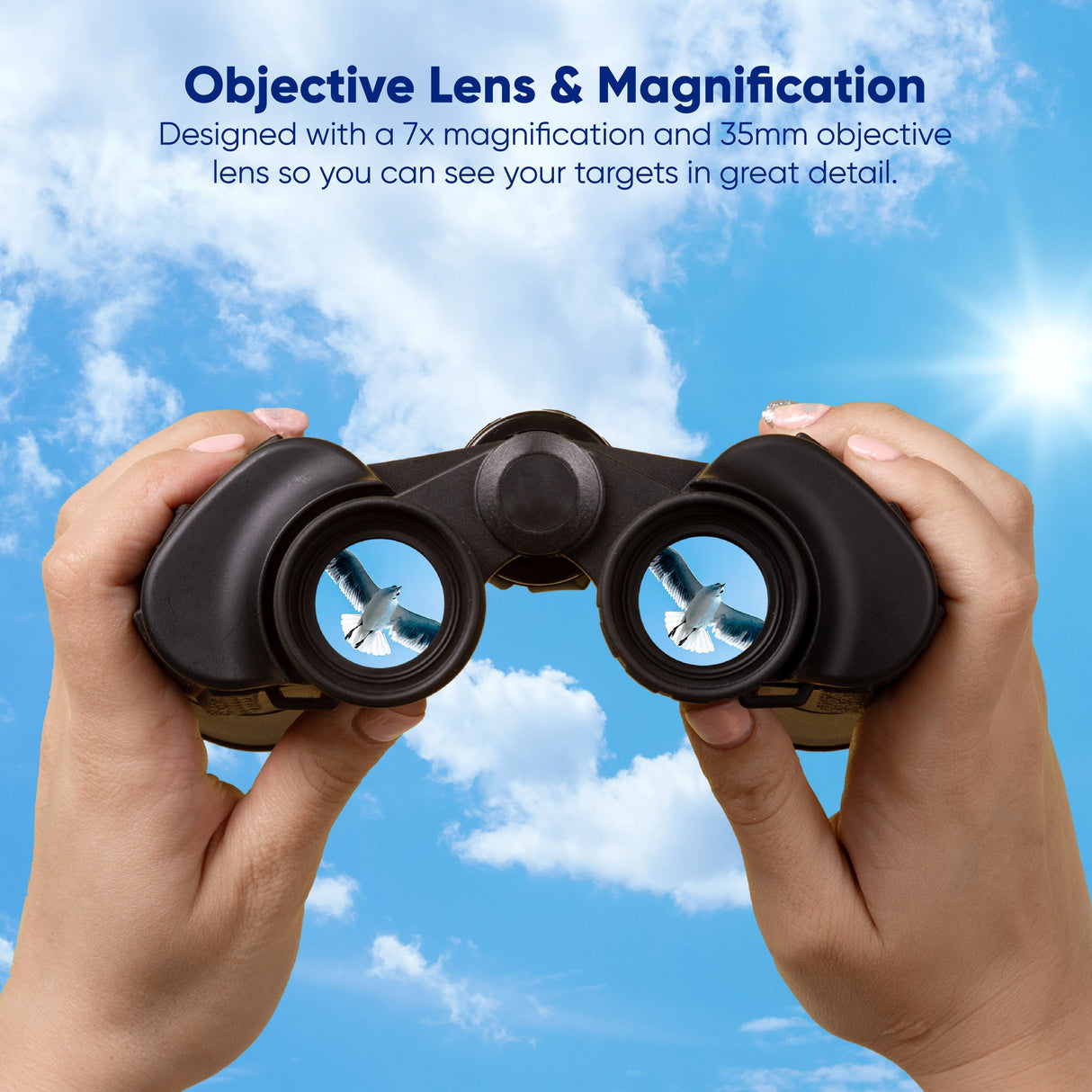 Praktica Falcon 7x35mm Wide Angle Porro Prism Field Binoculars in Black held by hands with a blue sky background