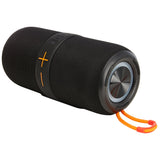Maplin Bluetooth party speaker in black lying on its side with orange carry strap