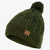 Highlander Beira Lined Bobble Hat in Olive Green - three-quarter studio shot showing cable knit pattern and leather patch on cuff
