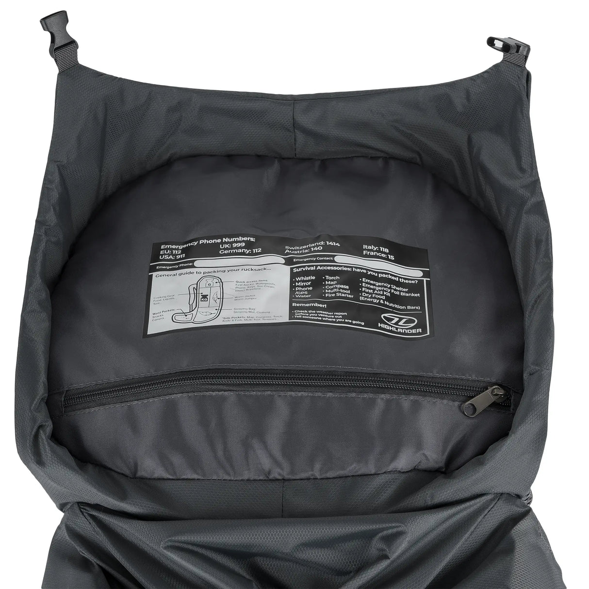 Highlander Ben Nevis Rucksack 65L in grey - close up of internal lid pocket