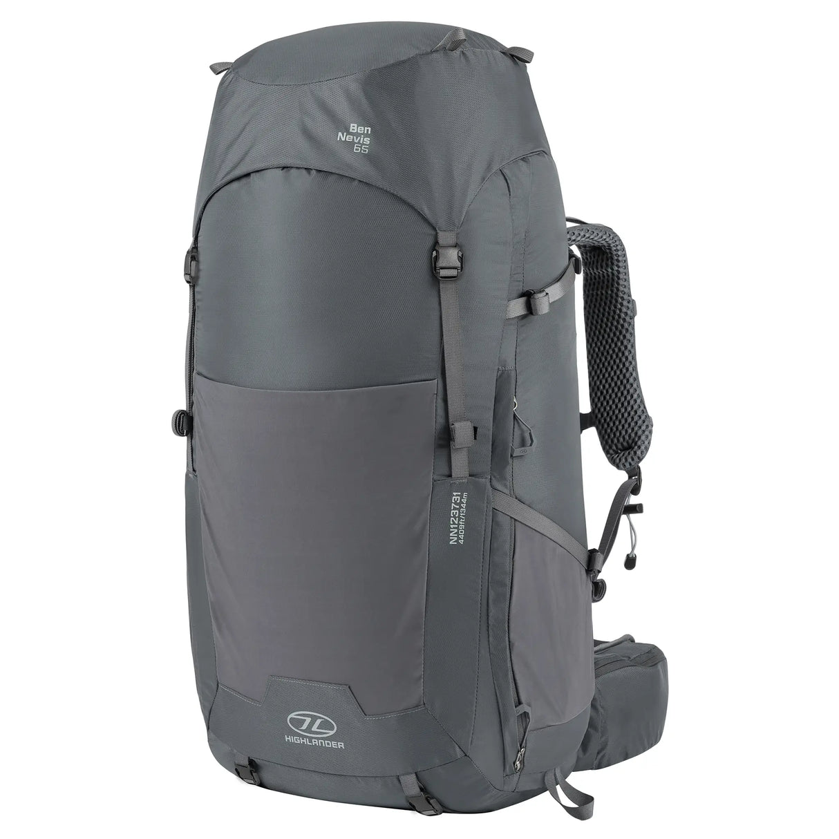 Highlander Ben Nevis Rucksack 65L in grey - from the front left on white background