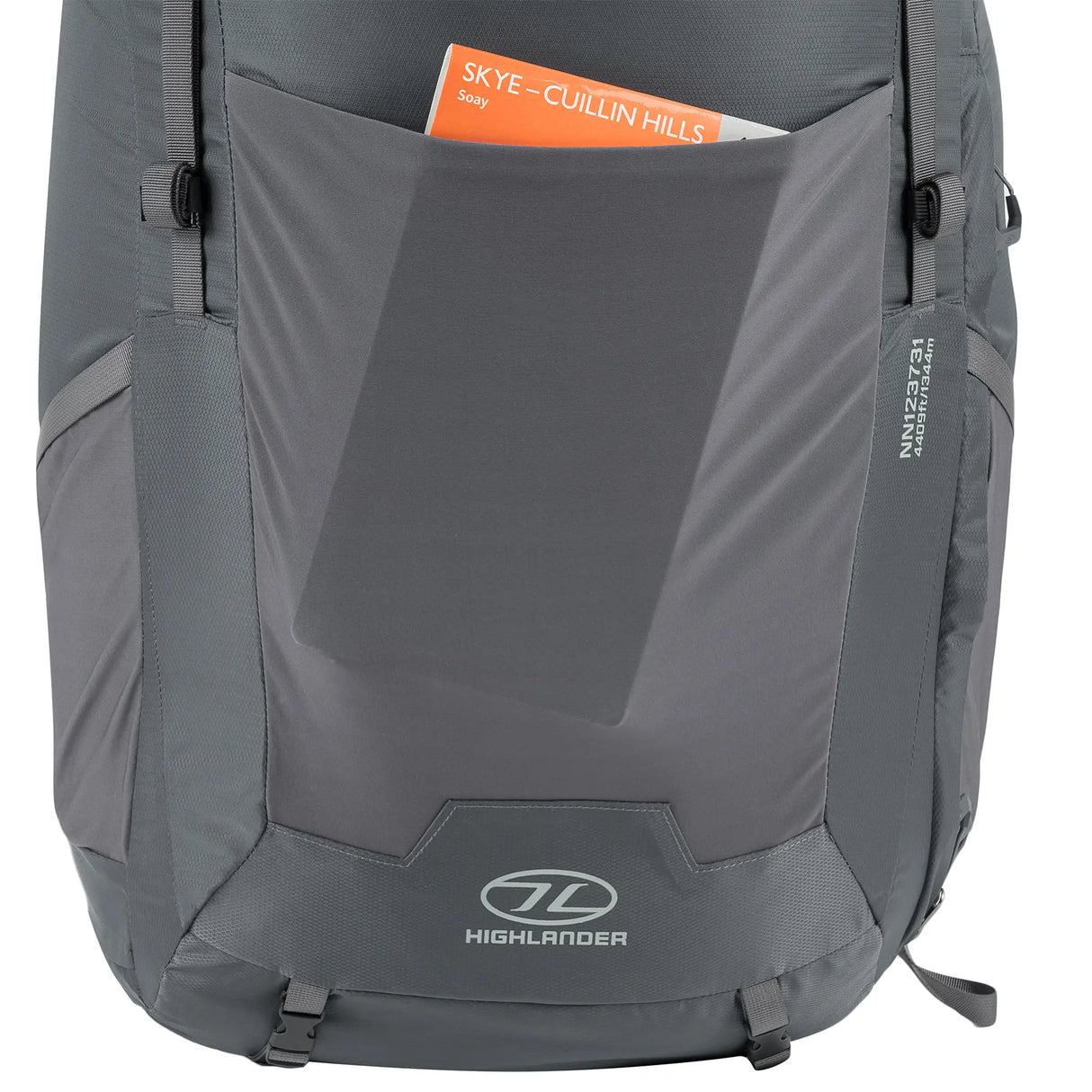 Highlander Ben Nevis Rucksack 65L in grey - close up of external elastic pocket