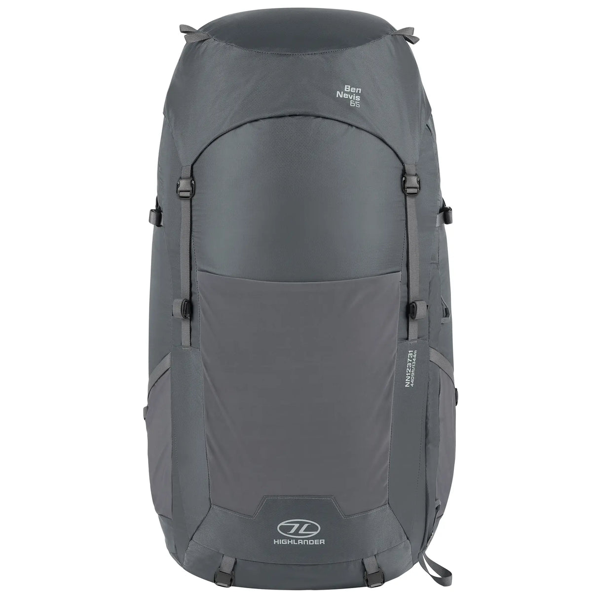 Highlander Ben Nevis Rucksack 65L in grey - from the front on white background