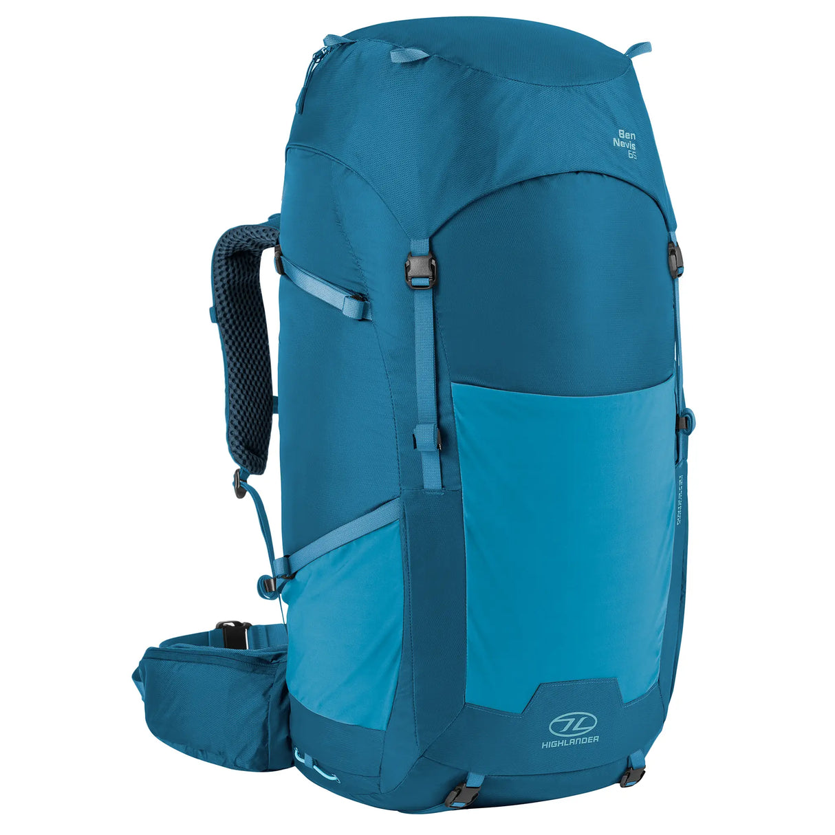 Highlander Ben Nevis Rucksack 65L in petrol blue - from the front left on white background
