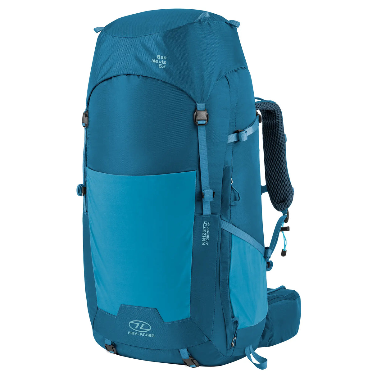 Highlander Ben Nevis Rucksack 65L in petrol blue - from the front right on white background