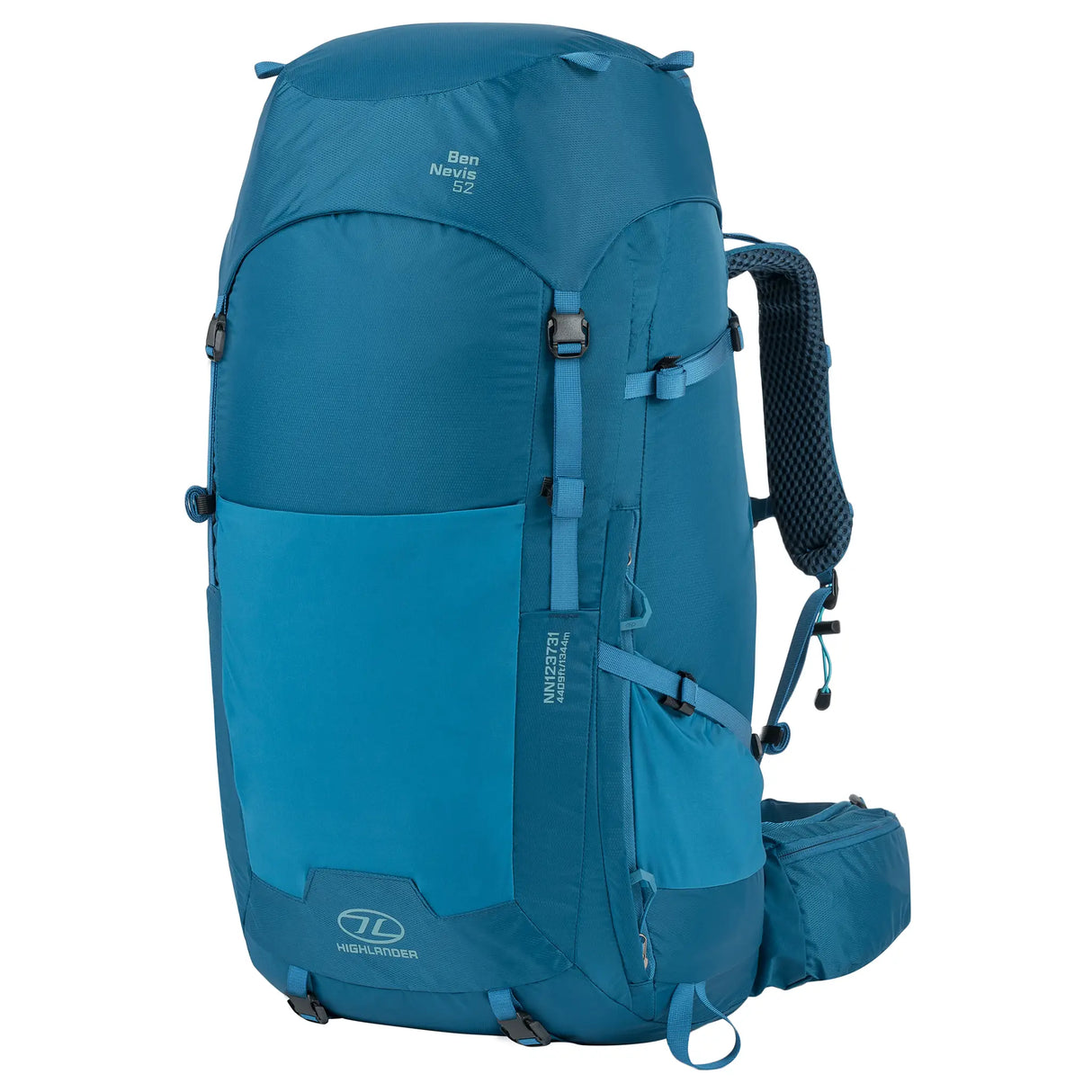 Highlander Ben Nevis Rucksack 52L in petrol blue from the front right on white background