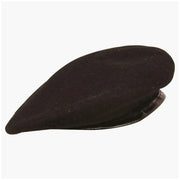 Highlander British Army Style Beret in Black - angled side view showing wool beret shape and leather trim on white background